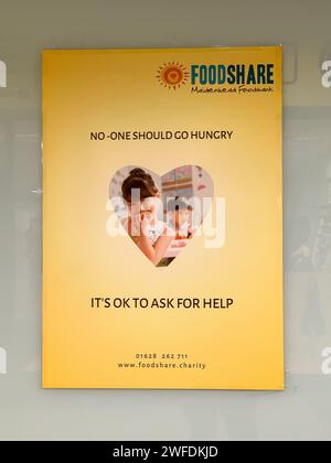 Maidenhead, Berkshire, Regno Unito. 29 gennaio 2024. Un cartello per la Foodshare foodbank a Maidenhead, Berkshire. Credito: Maureen McLean/Alamy Foto Stock