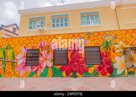 Una vista della facciata di un vecchio edificio nel centro cittadino di Willemstad, Curacao, adornato con luminosi fiori rosa-rosso-arancione. Willemstad. Curacao. Foto Stock