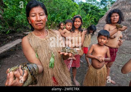 Serpenti e coccodrilli, gli indiani yagua vivono una vita tradizionale vicino alla città amazzonica di Iquitos, in Perù. Yagua, Yahuna, Ñihamwo, Yihamwo, Nihamwo Foto Stock