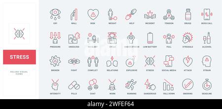 Stress e depressione causano l'impostazione di icone di linea. Fattori di problemi di salute mentale, incidenti di chat sui social media e tensione di relazione, insonnia sottili simboli di contorno nero e rosso, illustrazione vettoriale Illustrazione Vettoriale