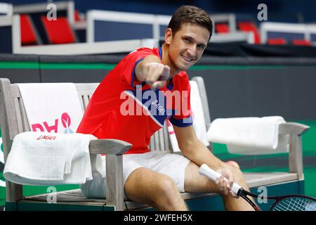 Vit Kopriva della Repubblica Ceca durante la sessione di allenamento prima della partita di qualificazione alla Coppa Davis maschile Repubblica Ceca contro Israele a Vendryne, Repubblica Ceca Foto Stock