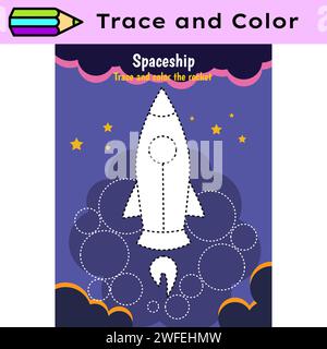 Foglio di lavoro dell'attività linee di tracciamento penna per i figli. Controllo matita per bambini che praticano abilità motorie. Foglio di lavoro stampabile didattico Rocket in Space Illustrazione Vettoriale