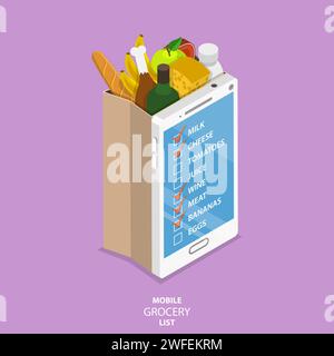 Mobile elenco di generi alimentari piana vettore isometrica concetto. Carta sacchetto di generi alimentari con il lato anteriore in cerca come smartphone con elenco dei cibi da acquistare. Illustrazione Vettoriale