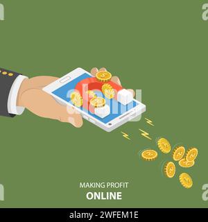 Rendere i soldi in linea piana vettore isometrica concetto. La mano è in possesso di uno smartphone con magnete su di esso che è attractioning monete con il simbolo del dollaro. Illustrazione Vettoriale