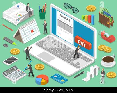 Payroll piana vettore isometrica nozione di retribuzione, calendario finanziario, spese calcolatrice. Illustrazione Vettoriale