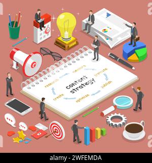 Contenuti della strategia flat isometrica concetto vettoriale. Imprenditori, circondato con alcuni attributi corrispondenti, stanno discutendo un progetto di strategia di contenuto. Illustrazione Vettoriale