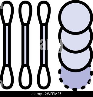 Cuscinetti in cotone, auricolari in linea. Trucco, illustrazione vettoriale dei prodotti per l'igiene. Strumenti medici, oggetti per l'igiene. Bastoncini di cotone, puliti, medici, strumento Illustrazione Vettoriale