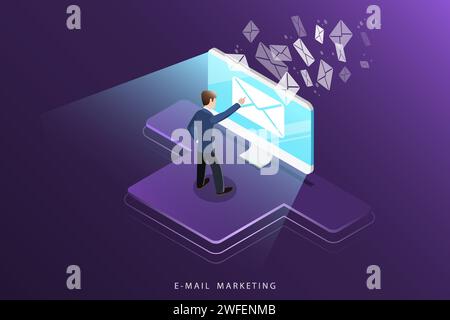 Concetto vettoriale isometrico di e-mail marketing, campagna pubblicitaria, promozione digitale. Illustrazione Vettoriale