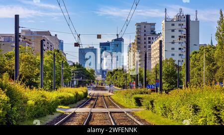 Varsavia, Polonia - 4 giugno 2023: Wola e Srodmiescie quartiere degli affari del centro città panorama con grattacieli lungo la linea del tram ad Aleja Jana Pawla II aven Foto Stock