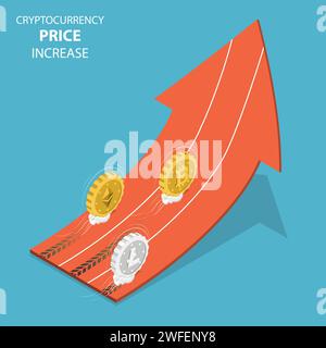 Cryptocurrency aumento di prezzo piatto vettore isometrica. Bitcoin, ethereum, litecoin sono in concorrenza, correndo su una grande freccia che appare come un acceso Illustrazione Vettoriale