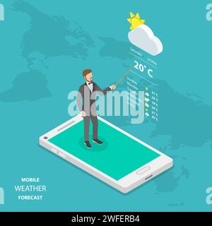 Previsioni meteo online isometrico piana concetto vettoriale. Weatherman è in piedi sullo smartphone segnalazione circa le condizioni meteo. Illustrazione Vettoriale