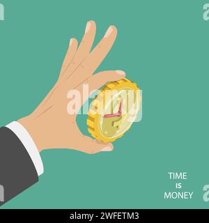 Il tempo è denaro piatto vettore isometrica concetto. Una grossa mano è in possesso di una moneta che assomiglia a un orologio con le mani. Illustrazione Vettoriale