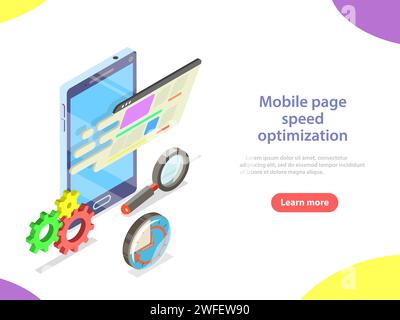 Ottimizzazione della velocità della pagina mobile concetto di vettore isometrico piatto. Riduzione del tempo di caricamento. Illustrazione Vettoriale