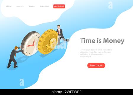 Il modello di landing page con vettore isometrico piatto per il tempo è il denaro, la crescita del reddito, il roi, gli investimenti finanziari, la gestione del tempo e la pianificazione. Illustrazione Vettoriale