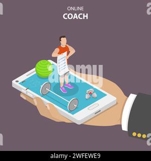In linea piana di pullman isometrica concetto vettoriale. La mano è in possesso di uno smartphone con un istruttore di fitness su di esso che è circondato da sport requisiti. Funzione Instr Illustrazione Vettoriale