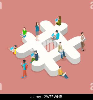 Hashtag piana vettore isometrica concetto. Persone con computer portatili e smartphone sono seduti sul ed intorno il tridimensionale hashtage segno. Illustrazione Vettoriale