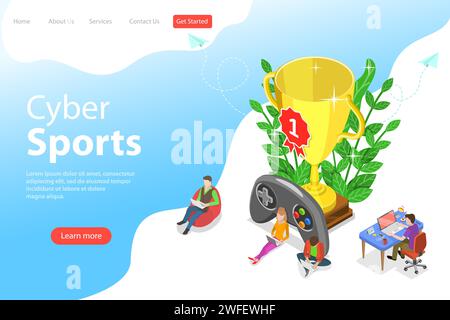 Modello isometrico piatto piatto di atterraggio vettoriale per torneo di eSport, campionato di sport cibernetici, gioco online. Illustrazione Vettoriale