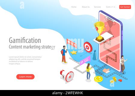 Modello isometrico piatto piatto piatto di destinazione vettoriale di gamification, contenuti interattivi, coinvolgimento dei clienti. Illustrazione Vettoriale