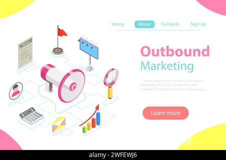 concetto vettoriale isometrico piatto di inbound marketing, attrarre clienti, pubblicità digitale. Illustrazione Vettoriale