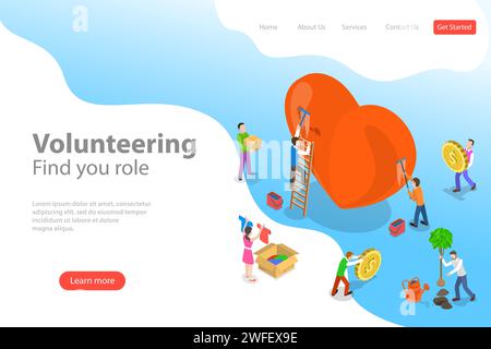 Isometrica vettore piana landing page template di volontariato e supporto, donazione alla cura e aiutare i poveri. Illustrazione Vettoriale