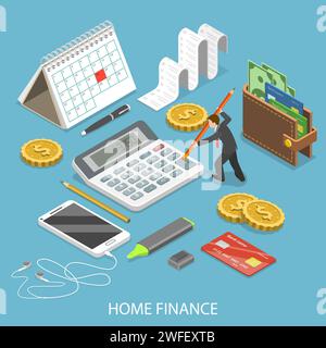 Personal Finance home appartamento isometrica concetto vettoriale. L uomo è il calcolo di un bilancio circondato da attributi corrispondenti. Illustrazione Vettoriale