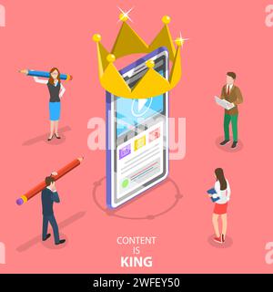 Il concetto isometrico di vettore piatto dei contenuti è il re, copywriter, creazione di contenuti coinvolgenti, scrittura di blog. Illustrazione Vettoriale