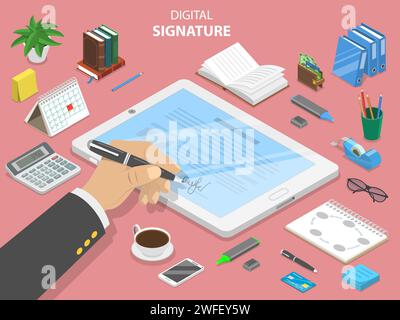 Firma digitale piatto vettore isometrica concetto. Un mans mano è la firma di un contratto per il digitale compressa. Illustrazione Vettoriale