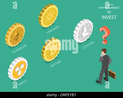 La scelta di piatti cryptocurrency vettore isometrica. Business man è il pensiero che crypto moneta è il migliore per gli investimenti: bitcoin, litecoin, ripple, e Illustrazione Vettoriale