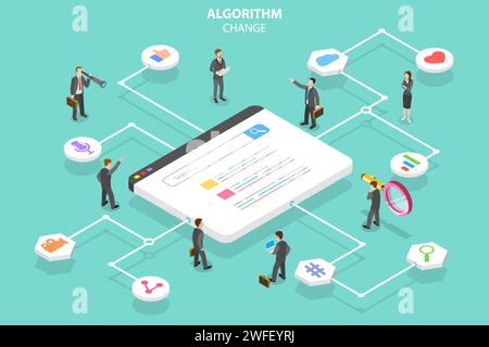 Concetto isometrico del vettore piatto di modifica degli algoritmi, ottimizzazione dei motori di ricerca, seo, marketing digitale. Illustrazione Vettoriale
