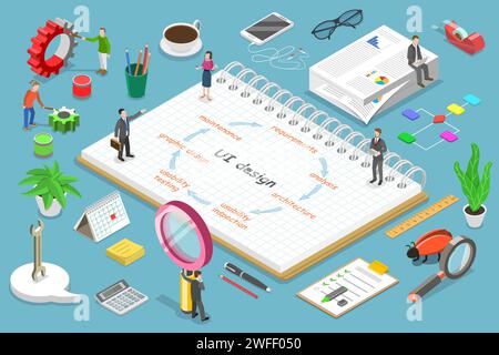 Concetto isometrico vettoriale piatto del processo di progettazione dell'interfaccia utente, sviluppo di app mobili, progettazione di GUI. Illustrazione Vettoriale