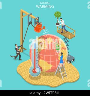 Concetto isometrico vettoriale piatto di riscaldamento globale, cambiamento climatico, calamità naturale. Illustrazione Vettoriale