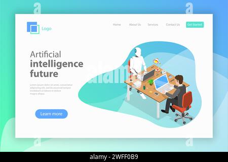 Pagina di destinazione con vettore isometrico piatto per il futuro dell'intelligenza artificiale, la cooperazione tra robot e umani, l'intelligenza artificiale e l'automazione aziendale. Illustrazione Vettoriale
