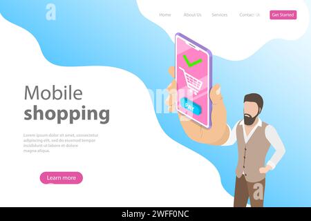 Modello di landing page vettoriale isometrico piatto per acquisti online, e-commerce, negozio mobile, pagamento. Illustrazione Vettoriale