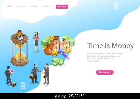 Il modello di landing page con vettore isometrico piatto per il tempo è il denaro, la crescita del reddito, il roi, gli investimenti finanziari, la gestione del tempo e la pianificazione. Illustrazione Vettoriale