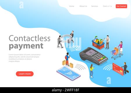 Modello di landing page vettoriale isometrico piatto di pagamento senza contatto, wireless, senza contanti, NFC Illustrazione Vettoriale
