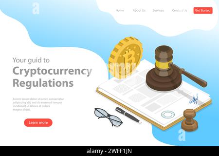 Modello isometrico di landing page vettoriale piatto di regolamentazione della criptovaluta, legislazione sulla valuta digitale, controllo legislativo. Illustrazione Vettoriale