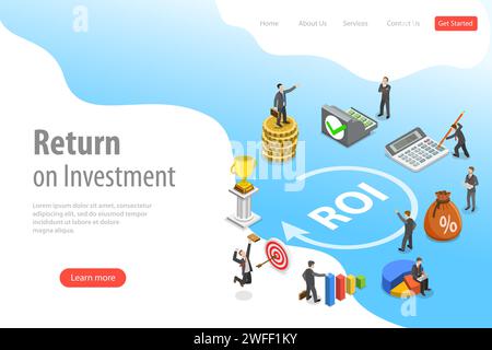 Modello di landing page con vettore isometrico piatto di ritorno sugli investimenti, roi, marketing digitale, analisi di marketing, profitto. Illustrazione Vettoriale