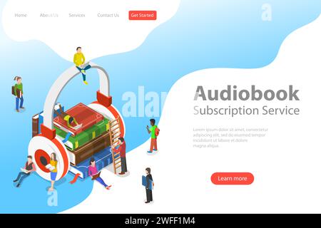 Modello isometrico piatto di atterraggio vettoriale di audiolibro, istruzione, ascolto della letteratura. Illustrazione Vettoriale