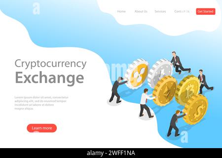 Modello di landing page a vettore isometrico piatto di scambio di criptovalute, tecnologia blockchain, bitcoin, portafoglio di criptocoin. Illustrazione Vettoriale