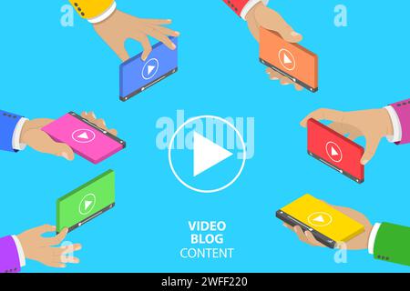 Concetto isometrico a vettore piatto di creazione di contenuti video, campagna di marketing digitale, social network, comunicazione mediatica. Illustrazione Vettoriale