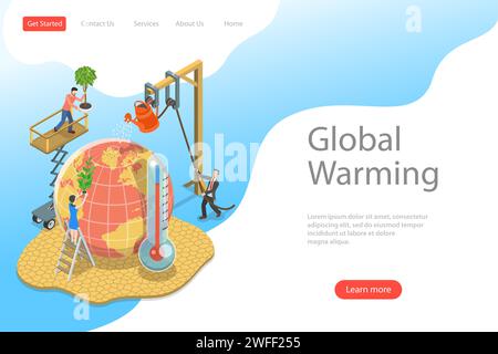 Modello isometrico di landing page vettoriale piatto di riscaldamento globale, cambiamenti climatici, calamità naturali. Illustrazione Vettoriale