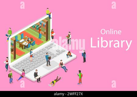 Concetto isometrico vettoriale piatto di biblioteca online, istruzione, lettura, apprendimento online. Illustrazione Vettoriale