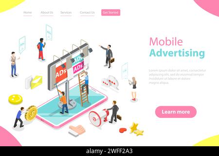 Modello di landing page vettoriale isometrico piatto di pubblicità mobile, campagna sui social media, marketing digitale. Illustrazione Vettoriale