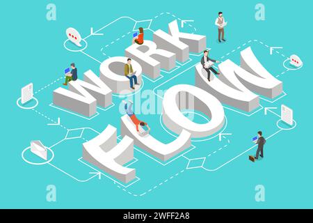 Concetto vettoriale isometrico di gestione del flusso di lavoro, processo aziendale, lavoro di squadra, organizzazione. Illustrazione Vettoriale