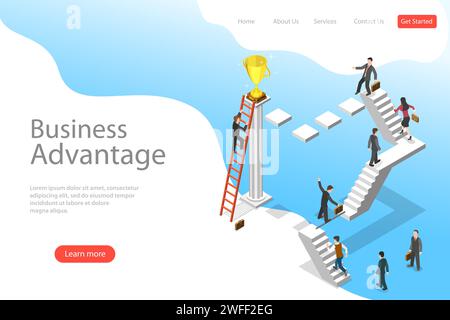 Modello di landing page vettoriale piatto isometrico di vantaggio aziendale, leadership, pensiero innovativo, idea creativa. Illustrazione Vettoriale