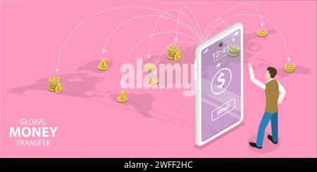 Applicazione mobile 3D Isometric Flat Vector Concept of Money Transfer, Sending Money Around the World, Online Banking, Financial Transaction. Illustrazione Vettoriale