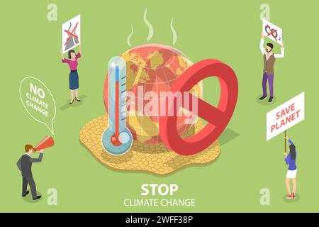 Concetto 3D Isometric Flat Vector di Stop Climate Change, Climate Social Movement, Global Warming e Natural Disaster. Illustrazione Vettoriale