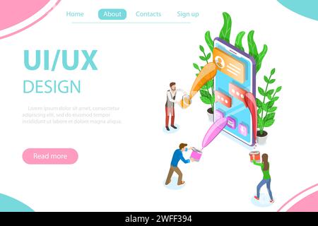 Concetto isometrico a vettore piatto del processo di progettazione UI e UX, sviluppo di app mobili, progettazione GUI. Illustrazione Vettoriale