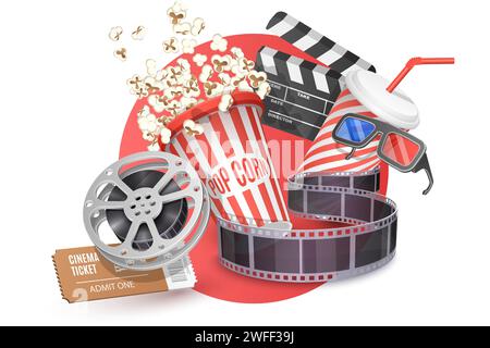 Poster 3D Vector Concept of Cinema Composition con popcorn, clapperboard, occhiali 3d e pellicola, icona del cinema, cinematografia e produzione cinematografica Illustrazione Vettoriale