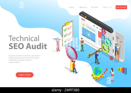 Modello isometrico di landing page vettoriale piatto di audit SEO tecnico, strategia per i motori di ricerca, marketing dei contenuti, sviluppo di siti Web. Illustrazione Vettoriale